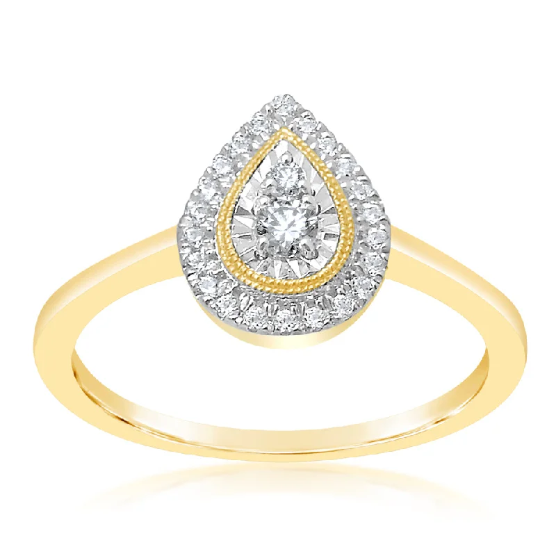 Shiny silver rings-9ct Yellow Gold Pear Shape 1/5 Carat Diamond  Ring with 24 Brilliant Diamonds