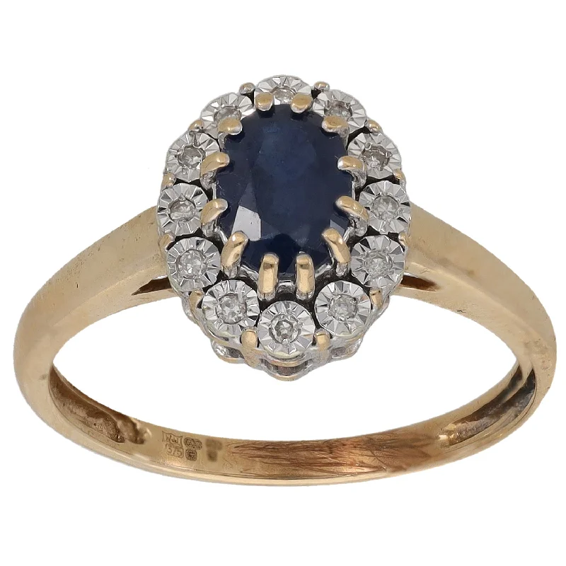 Worn deco rings-9ct Gold Sapphire & 0.06ct Diamond Dress/Cocktail Ring Size N