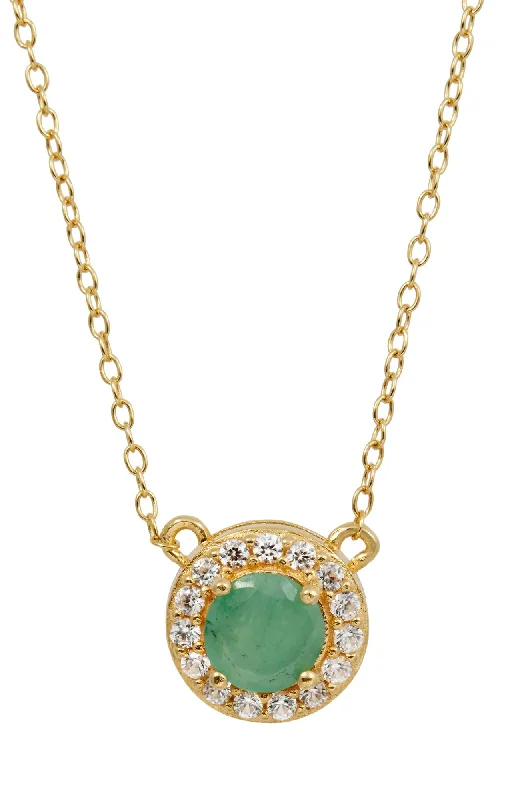 Thread choker necklaces-18K GOLD VERMEIL OVER STERLING SILVER NATURAL EMERALD AND WHITE CZ PENDANT NECKLACE