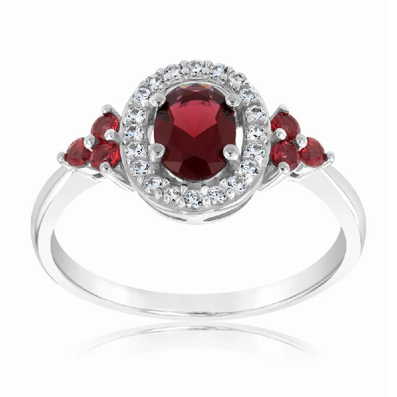 Clustered gem rings-Sterling Silver Rhodium Plated Red Stone White Cubic Zirconia Ring