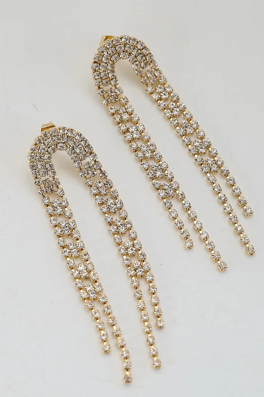 Jade stone earrings-FINAL SALE - Alexa Gold Rhinestone Fringe Earrings