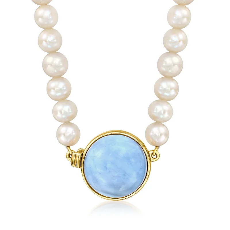 Sloped design necklaces-Ross-Simons Blue Opal and 5.5-6mm Cultured Pearl Necklace in 18kt Gold Over Sterling