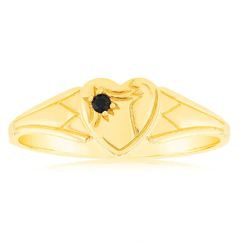 Slim pearl rings-Natural Sapphire Heart Signet Ring in 9ct Yellow Gold