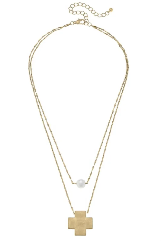 Cultured pearl necklaces-Women's Edith Square Cross Layered Pearl Necklace In Worn Gold