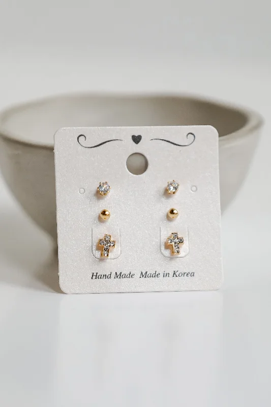 Peace eye earrings-Adrienne Gold Mini Cross Stud Earring Set