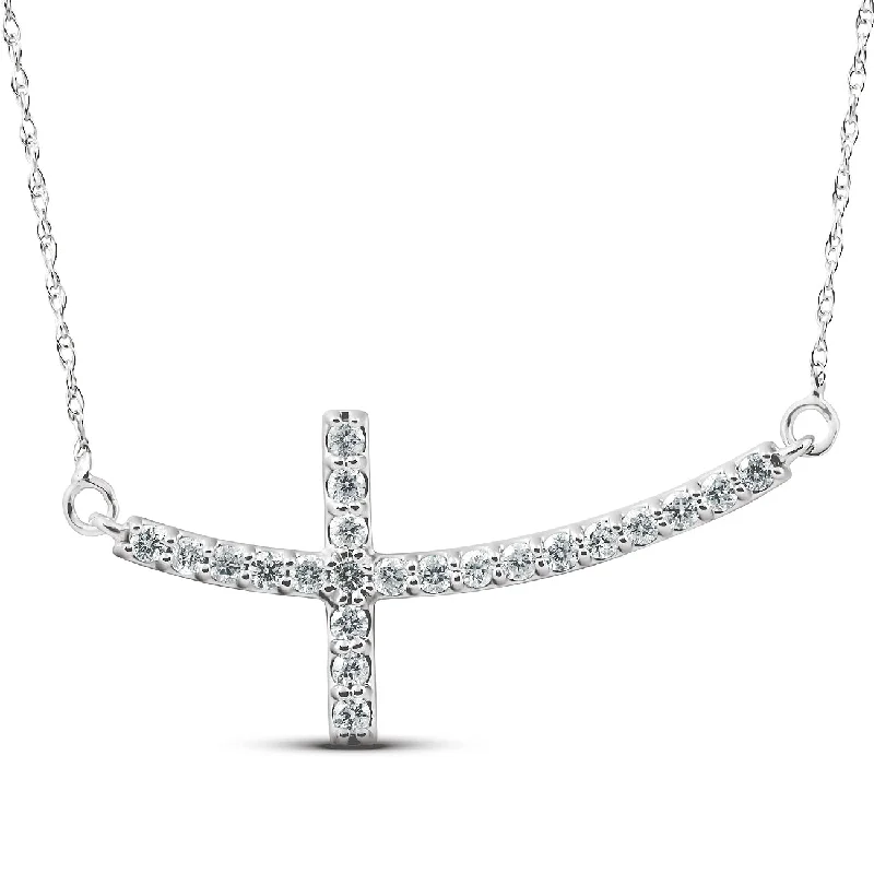 Worn medallion necklaces-1/3 Ct Diamond Sideways Cross Pendant 14k White Gold & 18" Chain 1 1/4" Wide