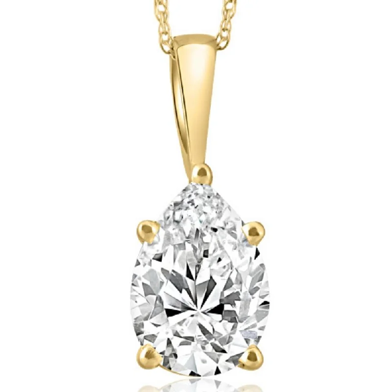 Thin-line necklaces-Certified 3Ct Pear Shape Solitaire Lab Grown Diamond Pendant Yellow Gold Necklace