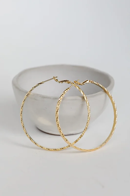 Thin threader earrings-Sara Gold Textured Hoop Earrings