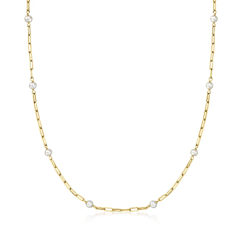 Half crescent necklaces-RS Pure by Ross-Simons 3-4mm Cultured Pearl and 14kt Yellow Gold Paper Clip Link Station Necklace