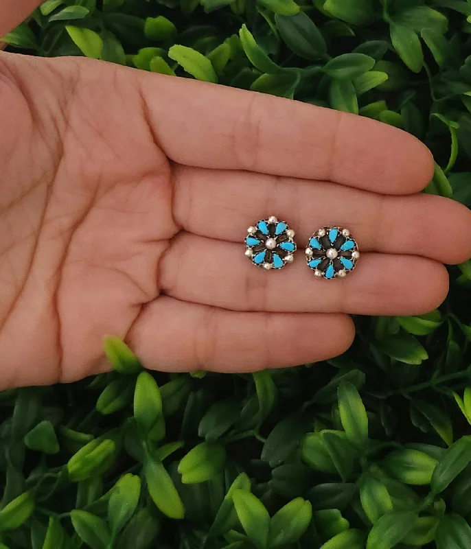 Thin stud earrings-Sterling Silver Zuni Turquoise Cluster Earrings