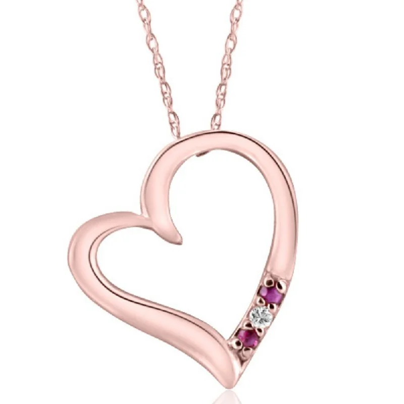 Half crescent necklaces-Diamond & Ruby Heart Pendant 3-Stone Rose Gold with 18" Chain