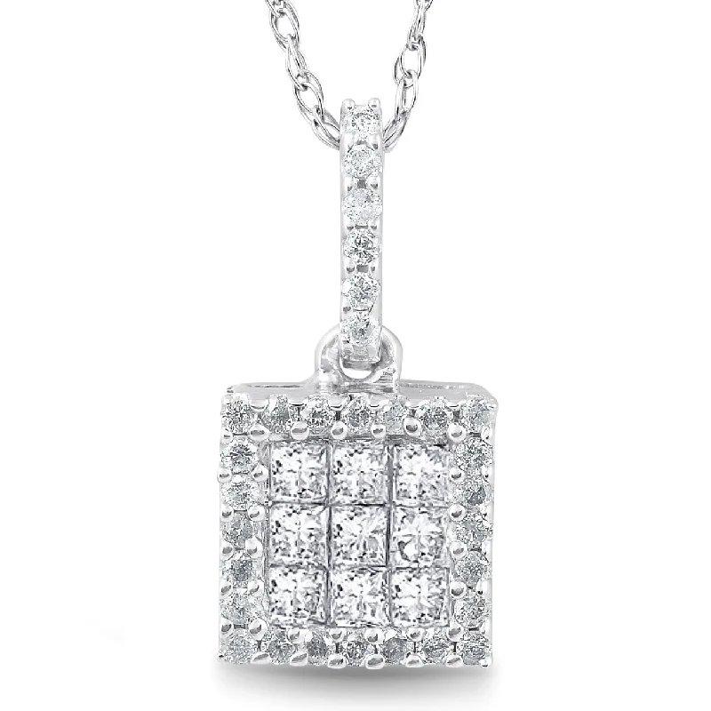 Rope weave necklaces-3/8 cttw Princess Cut Pave Diamond Halo Pendant 10K White Gold 3/4" Tall