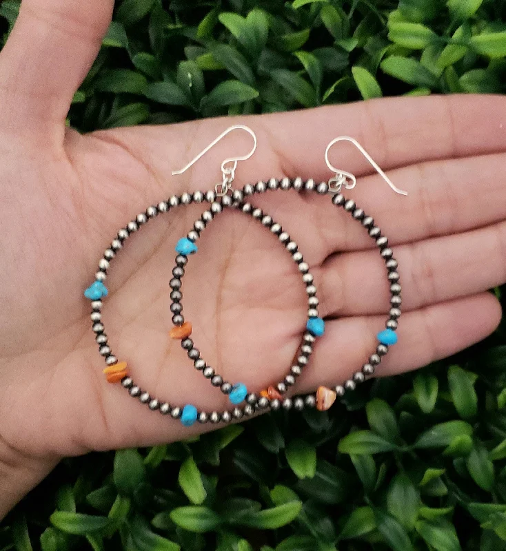 Rover weave earrings-Navajo Pearls 3mm Turquoise & Spiny Oyster Chip Hoop Dangle Earrings Sterling Silver NPE011