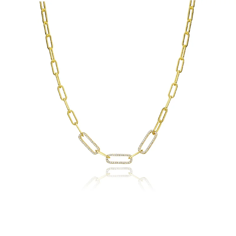 Flax thread necklaces-RG 14k Yellow Gold Plated With Cubic Zirconia Elongated Cable Link Chain Necklace