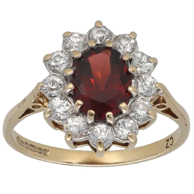 Worn deco rings-9ct Gold Garnet & Cubic Zirconia Cluster Ring Size K