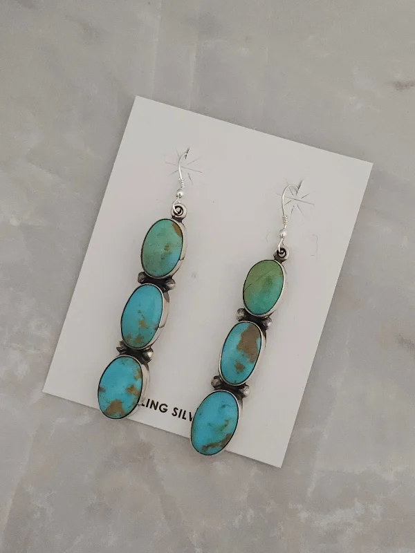 Thick ring earrings-Stamped Sterling Silver 3 Stone Turquoise Dangle Earrings