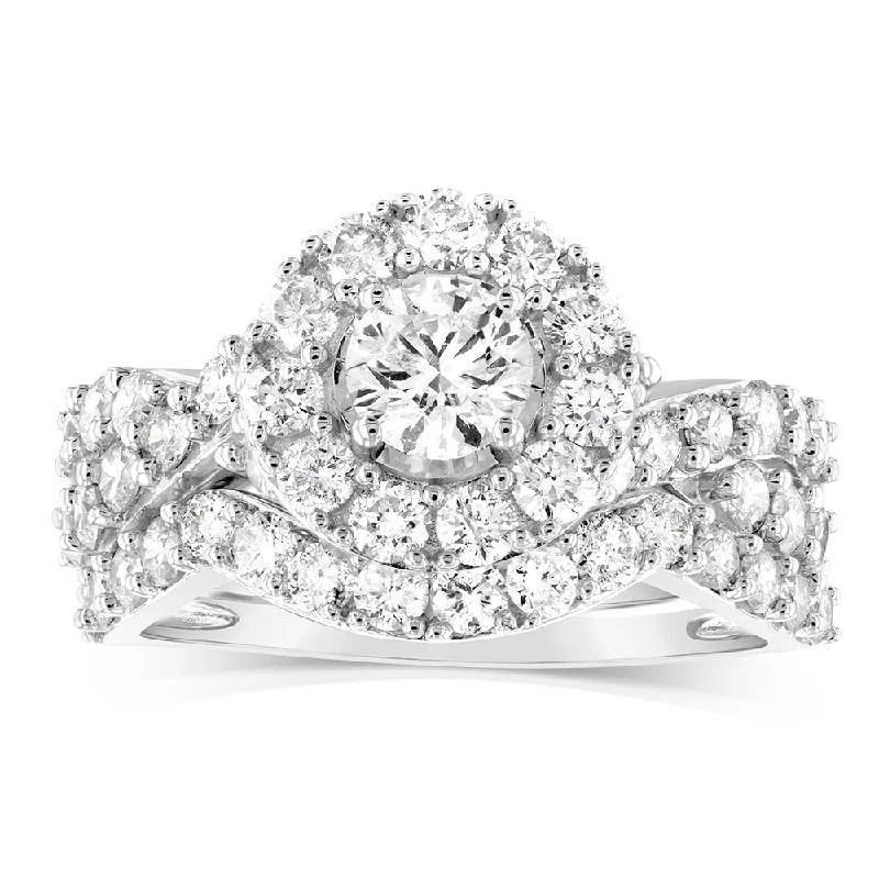 Slim wing rings-14ct White Gold 1.95 Carat Diamond Halo Bridal 2 Ring set with Brilliant Cut Diamonds