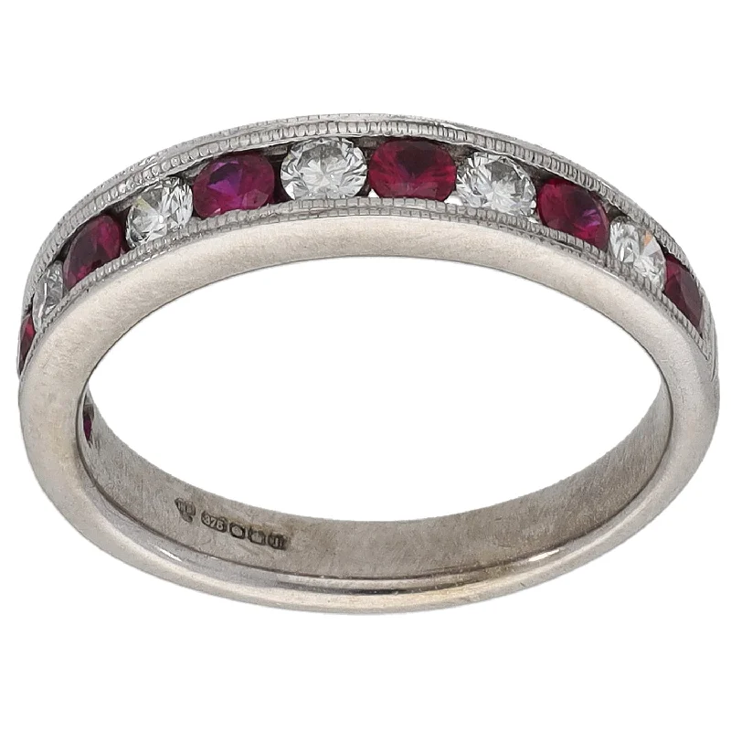 Pure diamond rings-9ct White Gold Ruby & 0.30ct Diamond Half Eternity Ring Size N