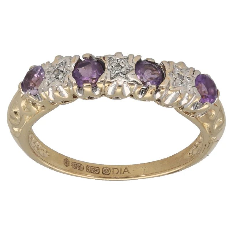 Quirky rings-9ct Gold 0.015ct Round Diamond & Amethyst Eternity Ring Size K