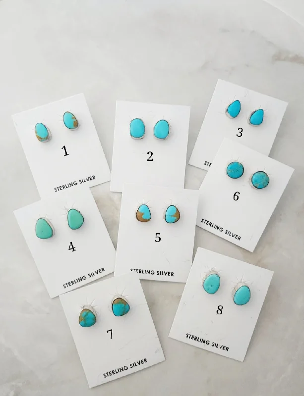 Wide tier earrings-Stamped Sterling Silver Turquoise Stud Earrings