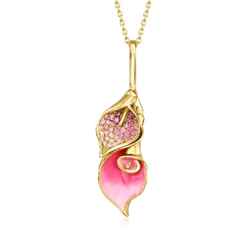 Shiny name necklaces-Ross-Simons Pink Sapphire and Pink Enamel Floral Pendant Necklace in 18kt Gold Over Sterling