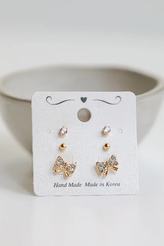 Wide hoop earrings-Becca Gold Rhinestone Bow Stud Earring Set