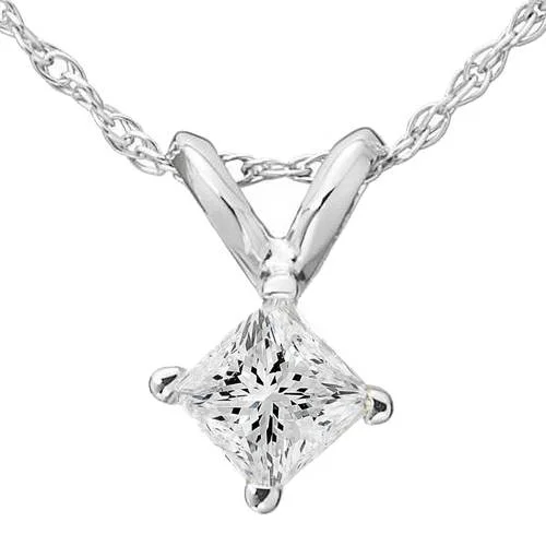 Multi-layer necklaces-5/8ct Princess Cut Solitaire Diamond Pendant 14K White Gold