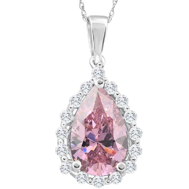 Aged bronze necklaces-3 1/2Ct Pink Topaz & Diamond Halo Pendant 10k White Gold Womens Necklace 1" Tall