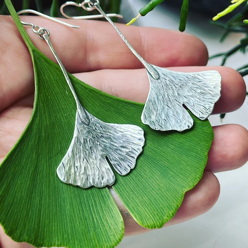 Bloom hoop earrings-Sterling Silver Gingko Leaf Earrings