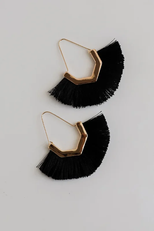 Thick bar earrings-Teagan Black Fringe Statement Earrings