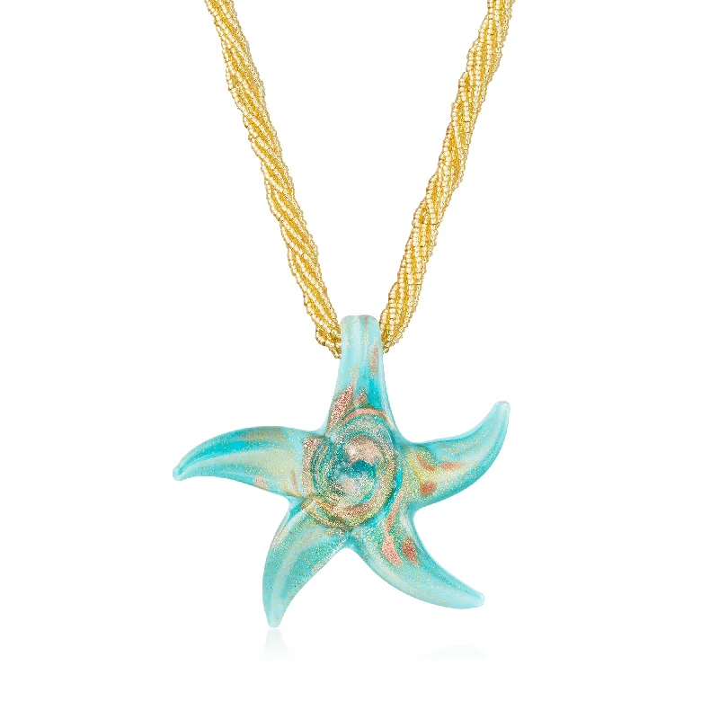 Broad bib necklaces-Ross-Simons Italian Turquoise Murano Glass Starfish Necklace With 18kt Gold Over Sterling