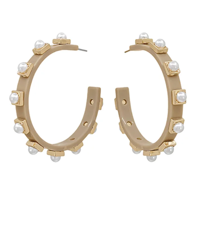 Lanka tile earrings-Tan Pearl Studded Hoop Earrings