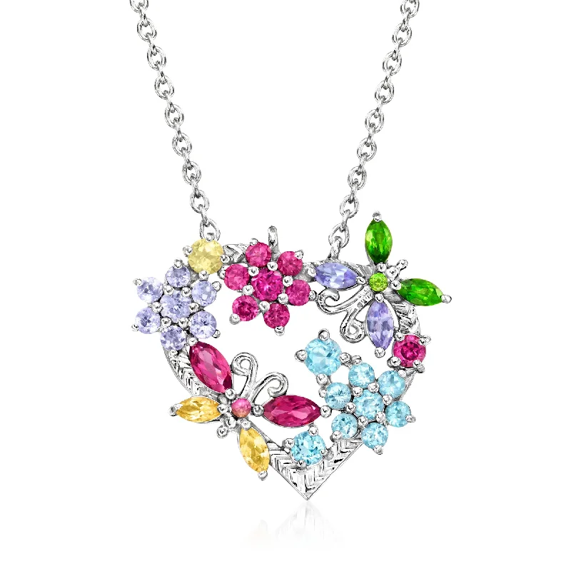 Triple birthstone necklaces-Ross-Simons Multi-Gemstone Flower and Butterfly Heart Necklace in Sterling Silver