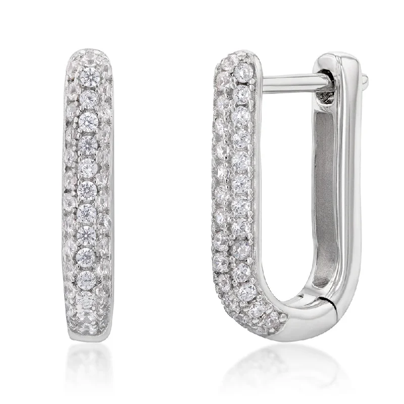 Flat stone rings-Sterling Silver Rhodium Plated Cubic Zirconia On Elongated Hoop Earring