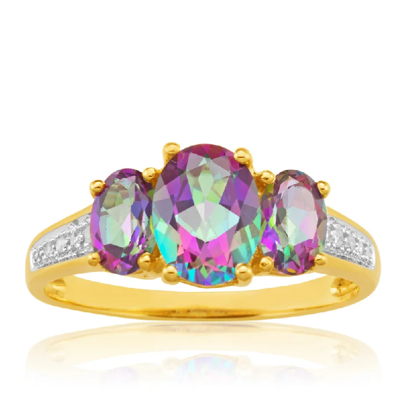 Crow feather rings-9ct Yellow Gold Enhanced Mystic Topaz Oval Cut & Diamond Trilogy Ring