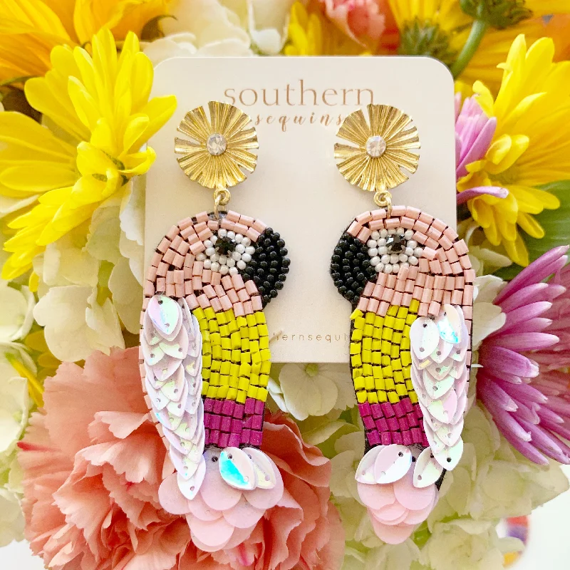 Bead strand earrings-“Birds of a Feather” Beaded Tropical Statement Earrings