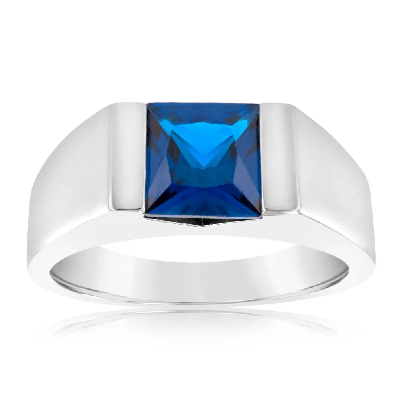 Thin enamel rings-Sterling Silver Created Blue Sapphire Fancy Ring