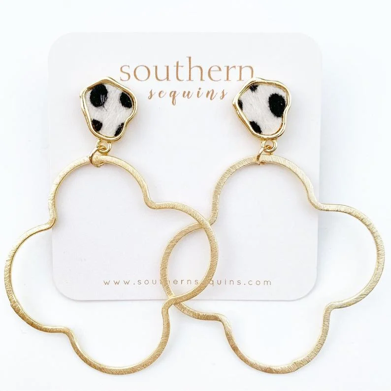 Wide statement earrings-Leopard and Quatrefoil Gold Hoop Earrings