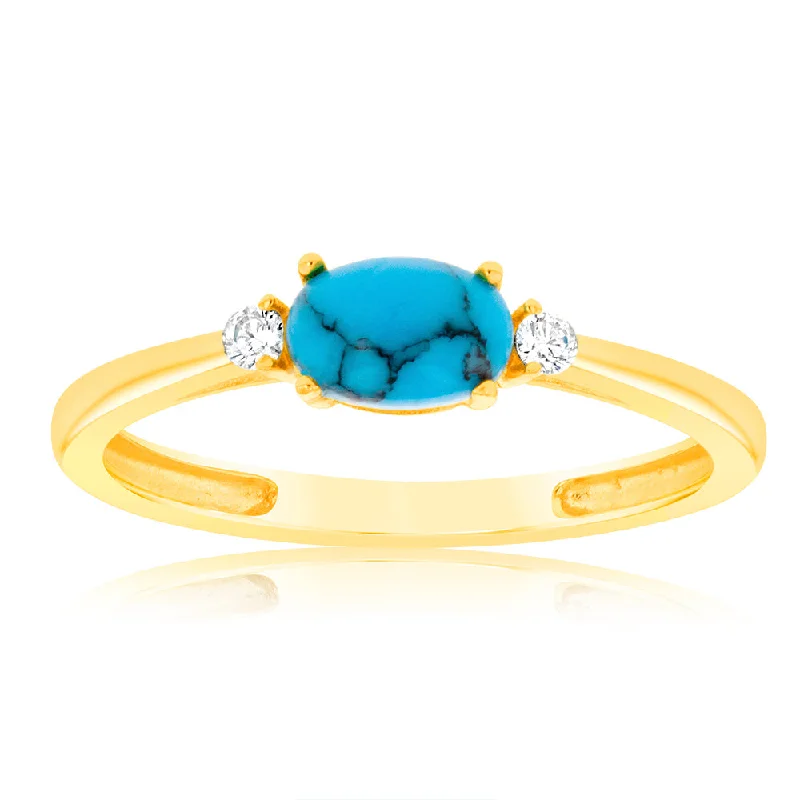 High shine rings-Sterling Silver Yellow Gold Plated Created Oval Green Turquoise And Zirconia Ring