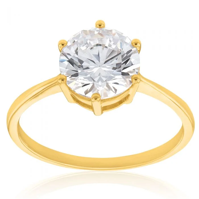 Hand-shiny rings-9ct Yellow Gold 8mm Zirconia 6 Claw Solitaire Ring