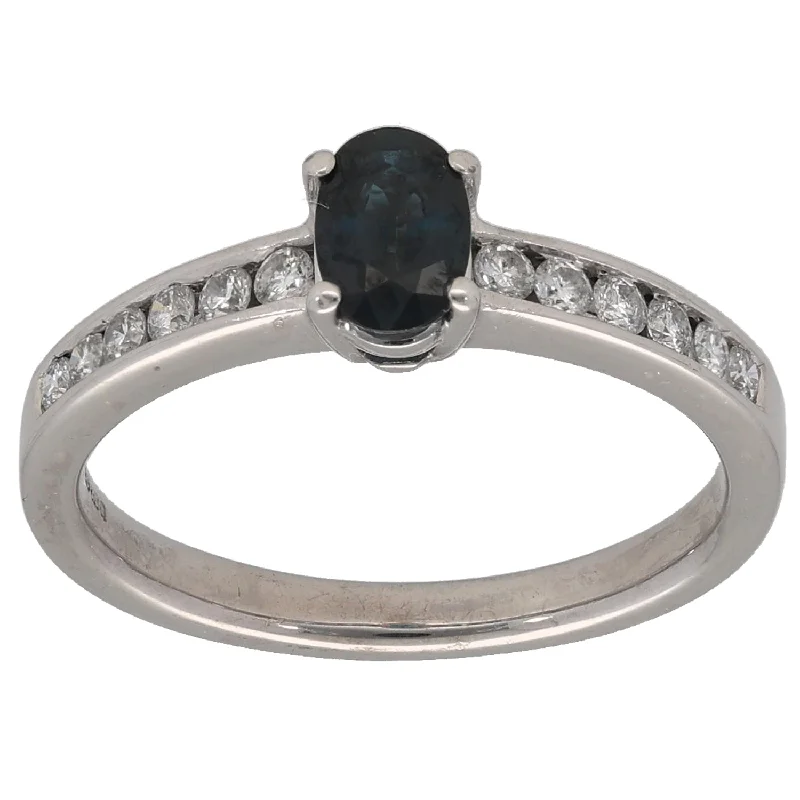 Pure modern rings-9ct White Gold Sapphire & 0.18ct Diamond Single Stone Ring with Accent Stones Size L