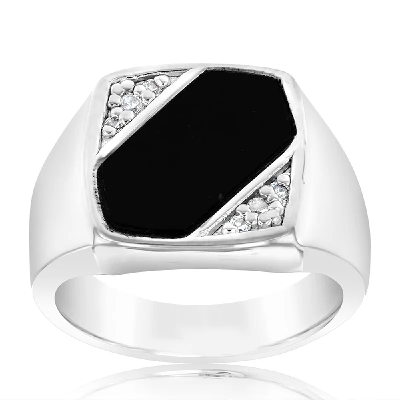 Flax thread rings-Sterling Silver Cubic Zirconia Onyx Black Gents Ring