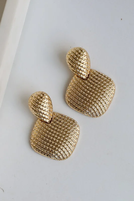 Birch wood earrings-Natalie Gold Textured Statement Earrings