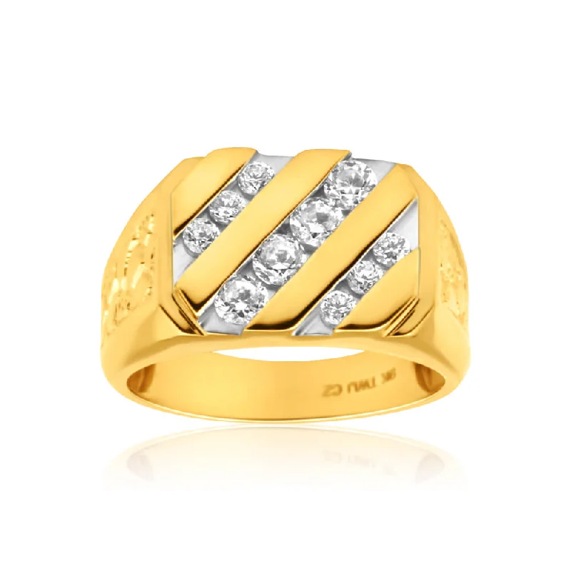 Slim pearl rings-9ct Yellow Gold Diagonal Row Channel Set Cubic Zirconia Gents Ring