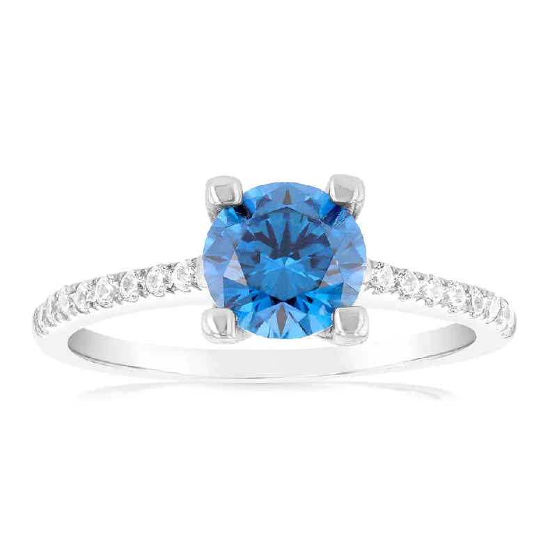 Shiny name rings-Sterling Silver Ink Blue Zirconia 4 Claw Ring