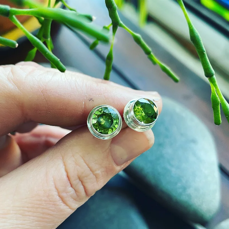 Thick bar earrings-Simulated Peridot and Sterling Silver POST Earrings