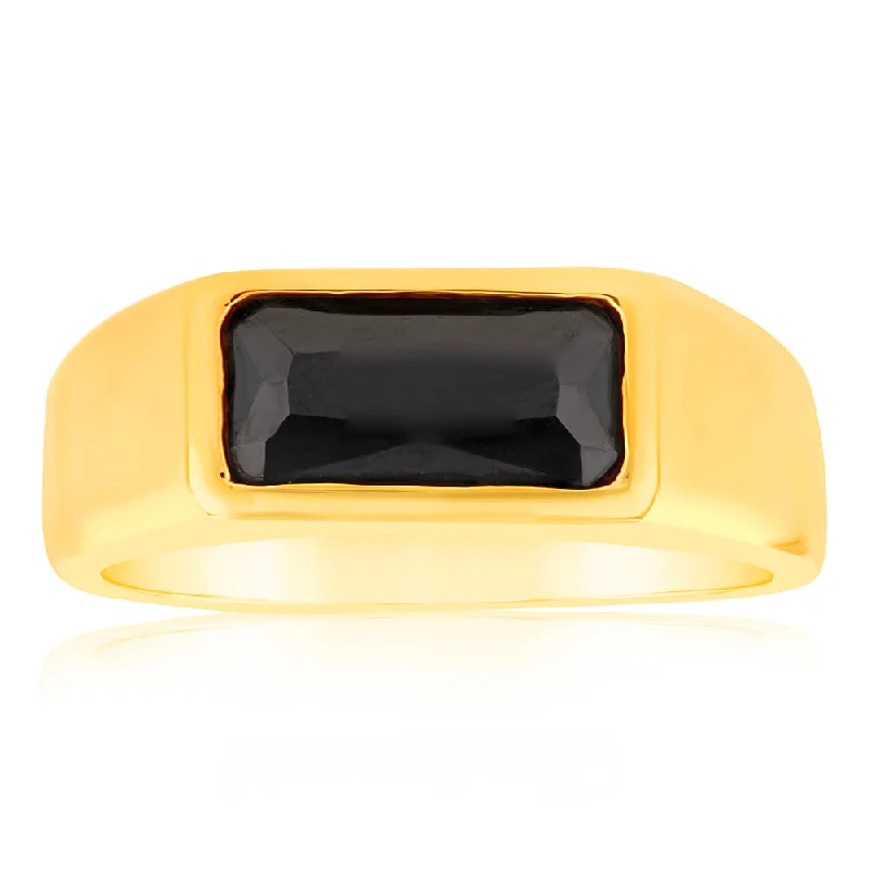 Fold band rings-Sterling Silver Gold Plated Black Rectangle Zirconia Ring