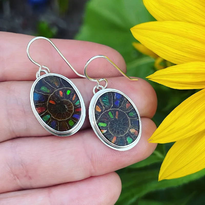 Twig style earrings-Ammonite with Ammolite Inlay and Sterling Silver Earrings