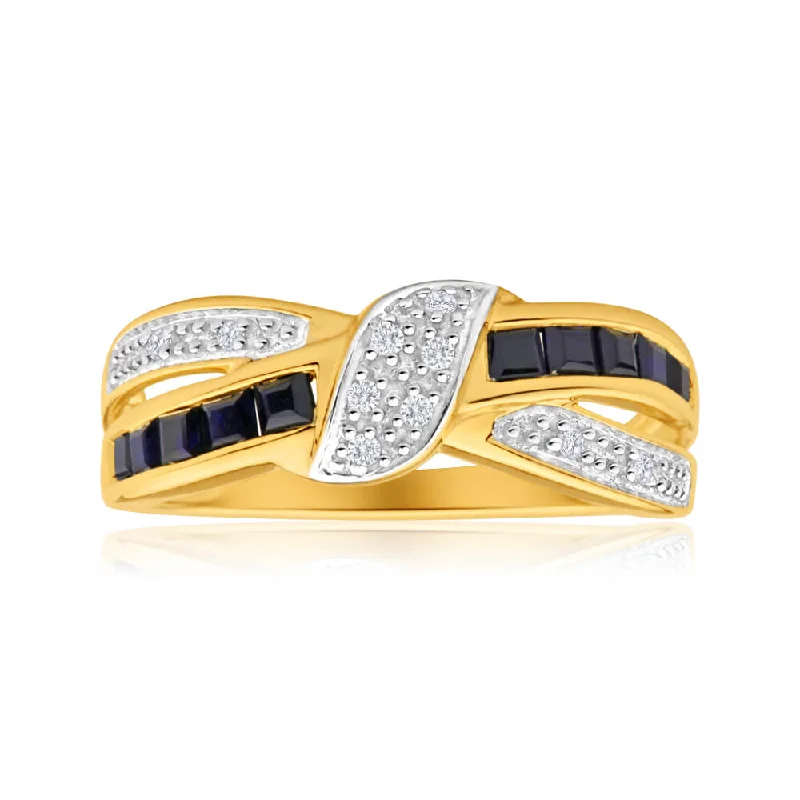 Smooth letter rings-9ct Yellow Gold Natural Sapphire Diamond Crossover Ring