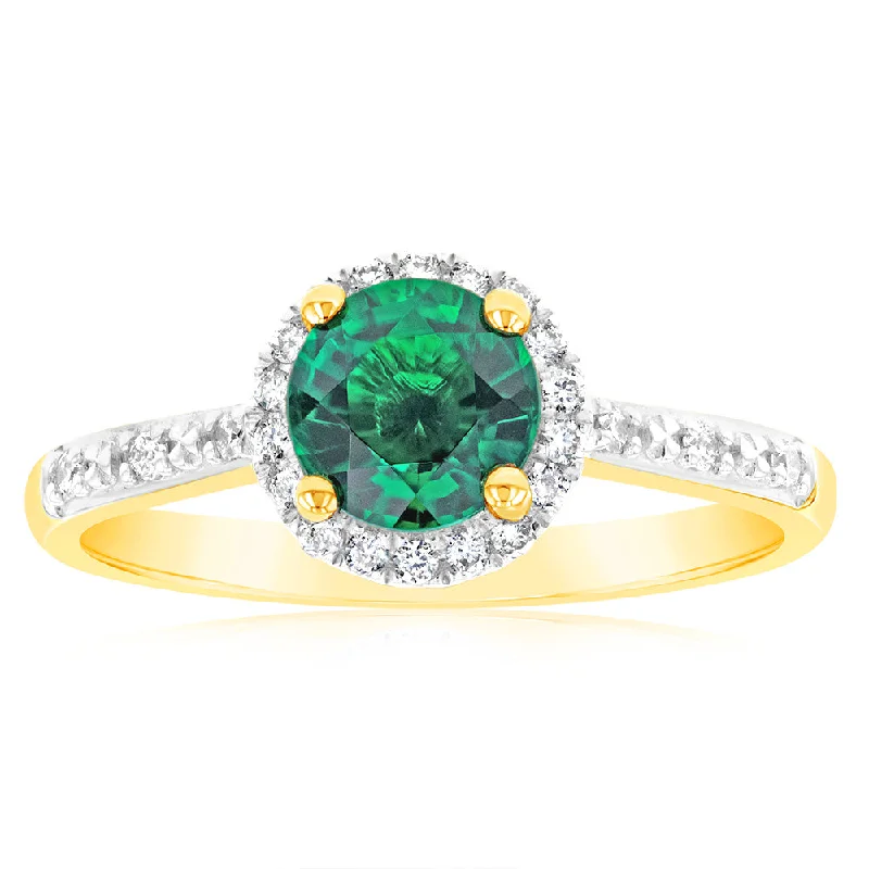 Slim pearl rings-9ct Yellow Gold Created Emerald and Diamond Halo Ring